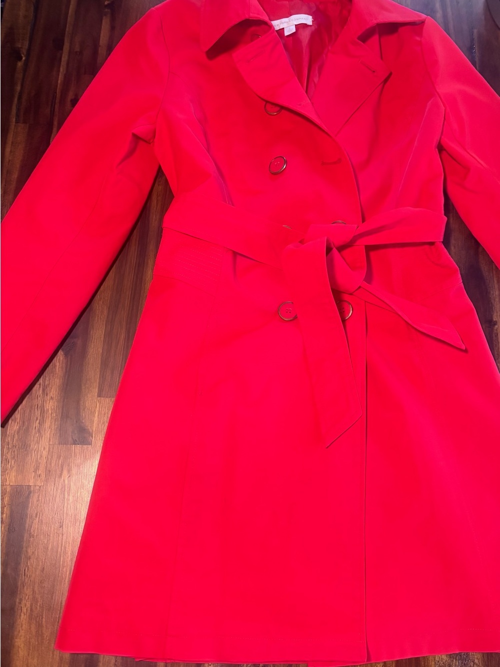 New York & Company Bright Red Double-Breasted Trench Coat with Waist Tie